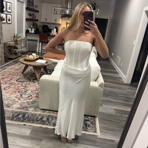 Significant Other Sofiya Strapless Lace Draped Satin Maxi Dress - White, NWT